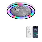 CACI Mall RGB Ceiling Fan with Lights and Remote, Low Profile Flush Mount Modern Bladeless Smart Ceiling Fan for Bedroom Kids Room Living Room, 19 Inch, White
