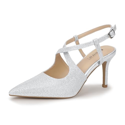 IDIFU IN3 Womens Closed Pointed Toe Heels Low Stilettos Pumps Slingback Adjustable Cross Strap Dress Shoes for Women Wedding Party Prom Evening Dressy Comfortable Sexy Trendy Pumps Shoes