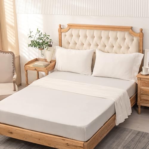 PURE ERA Jersey Knit 3pcs Bed Sheet Set 100% T-Shirt Cotton Super Soft Comfy Breathable Fits Mattress Up to 20" Extra Deep Pocket (Solid Off White,Twin XL)