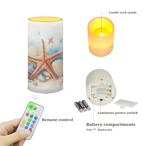 Image of LED Flameless Candles Battery Operated with Remote Timer Realistic Electric Candle Pillar Lights 12 Color Changing for Indoor Outdoor Coastal Home Decoration, Starfish Seashell Retro
