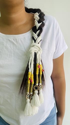 Image of Zippy Flora Neelima Handmade Boho Parandi (Snow White) | Traditional Punjabi Parandi Cotton Hair Accessory with Braid Tassels | Women's Ethnic Hair Extension for Choti, Braids & Patiala Shahi Hairstyles