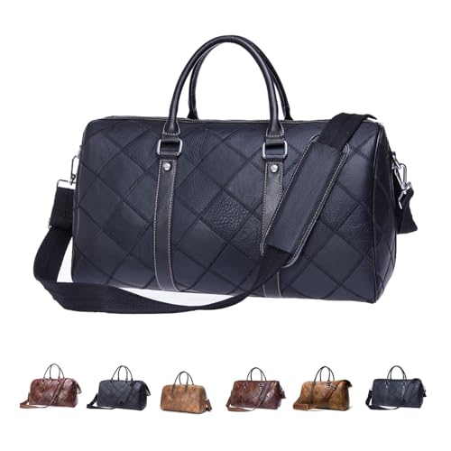 Mens Multi-Functional Stylish Travel Duffle Bag–Waterproof Genuine Leather Carry-On, Retro Design for Business,Gym,and Camping (Black1)