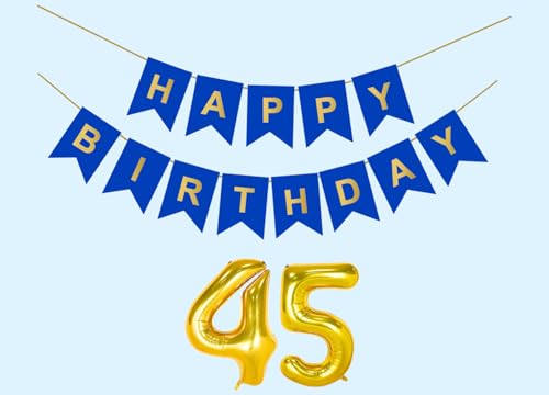 Image of 45th Happy Birthday Decoration Kit Dark Blue for 45 year Old Boys Girls Women with Number Forty-five Party Decorations Decor Celebration Items Item Set Combo Reusable Paper Banner