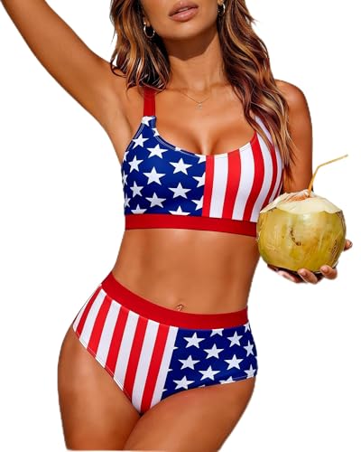 Image of Womens High Waisted Bikini Sets Sporty Crop Top Color Block Swimwear Bandeau Scoop Neck Vintage Two Piece Bathing Suits