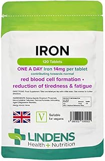 Lindens Iron 14mg - 120 Vegan Tablets - Reduce Tiredness, Increase Energy | Creates Healthy Red Blood Cells | Normal Oxygen Transportation | (4 Months Supply) | UK Manufacturer, Letterbox Friendly