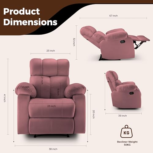 Image of Little NAP Helios Soft Suede Fabric Manual Recliner | Premium Recliner Sofa 1 Seater for Living Room | Luxuriously Padded Body and Comfort | Recliner Chair Office, Bedroom | Dusty Mauve