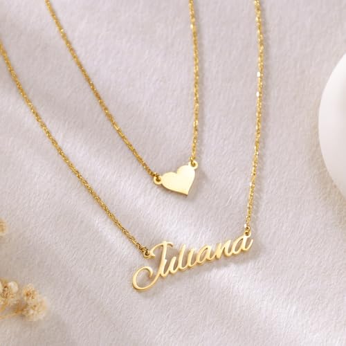 Custom Layered Name Necklace Personalized with Heart 18K Gold Plated Customized Nameplate Necklace Gifts for Women4