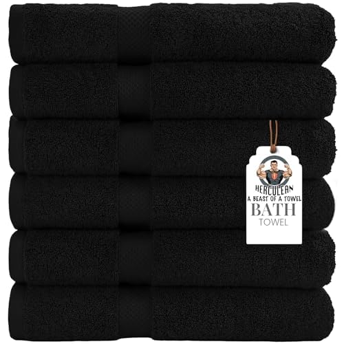 HERCULEAN Premium Bath Towels 24 x 48 Pack of 6 | Quick Dry and Highly Absorbent | 100% Cotton Terry Towels for Bathroom – Perfect for Shower – Pool and Spa – Luxury Soft Towels – Black