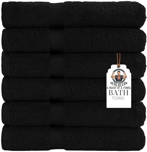 HERCULEAN Premium Bath Towels 24 x 48 Pack of 6 | Quick Dry and Highly Absorbent | 100% Cotton Terry Towels for Bathroom - Perfect for Shower - Pool and Spa - Luxury Soft Towels - Black
