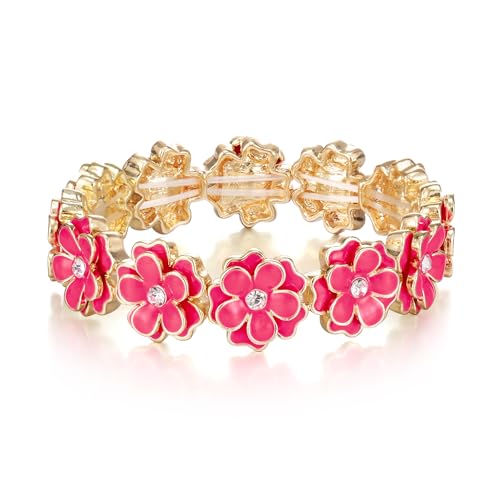 Flyonce Women's Flower Bracelet, Vintage Enamel Floral Flowers Elastic Stretch Bracelets Adjustable Flower Jewelry for Wedding Prom Party