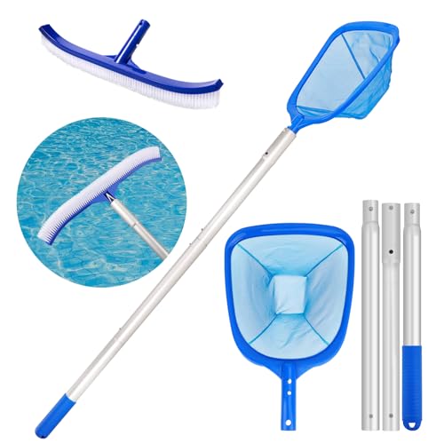 Swimming Pool Skimmer with Large Brush Deep Pond Fish Net With Ajustable Thick Metal Pole Pool Cleaning Kit Accessories for Pond Pool Hot Tub Spa Koi Tank Scoop Out Leaves Twigs Hairs Bugs Debris