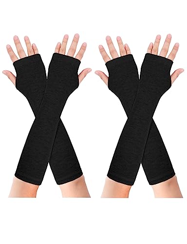 Becellen Womens 2 Pairs Fingerless & Long Knitted Winter Wrist Warmers Thumb Hole Arm Sleeves Thermal Half Finger Gloves