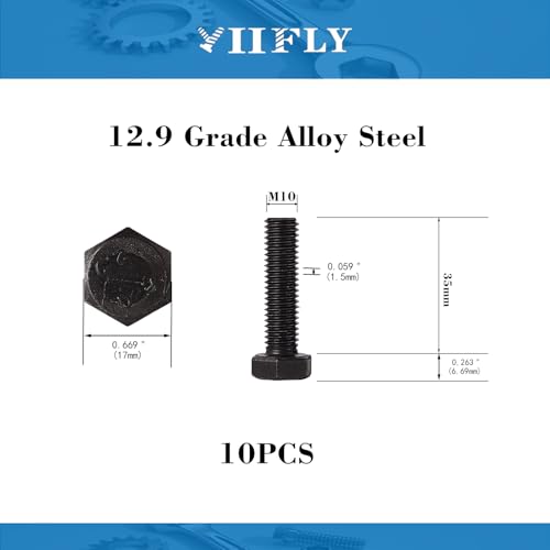 Image of M10x1.5 x 30mm Hex Head Screws Bolts, 12.9 Grade Alloy Steel, Hexagon Head Bolts, Black Oxide Finish, Full Thread, Quantity 10
