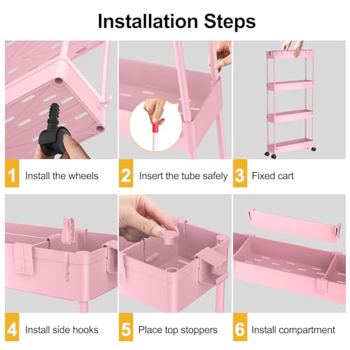 Image of SPACELEAD Slim Storage Cart 4 Tier,Bathroom Organizer Rolling Utility,Mobile Shelving Unit Slide Out for Office, Kitchen, Laundry Room & Narrow Places,Pink