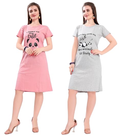 Image of Printed Knee Length Pocket Night Dresses for Women | Cat Lover | Premium Soft Cotton Nighty | Blue and Maroon