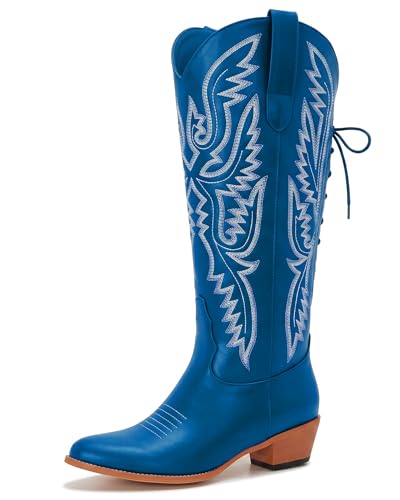 Image of Uillnoodu Wide Calf Cowboy Boots Women Adjustable Lace Up Knee High Tall Plus Size Cowgirl Boots Western Style Comfortable 2-Inch Heel