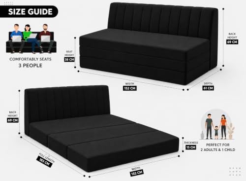 Image of Three Seater Sofa Bed, Velvet Fabric Foldable Sofa Cum Bed with Soft Foam Cushioning, Convertible Floor Couch for Living Room, Guest Room & Home Use (Black, Pre-Assembled)