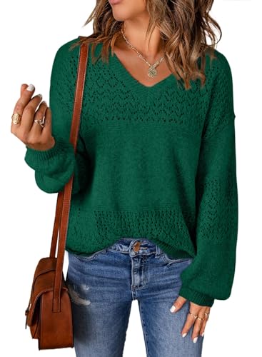 Image of SHEWIN Women's Sweaters Casual Long Sleeve V Neck Crewneck Lightweight Crochet Pullover Sweater Tops