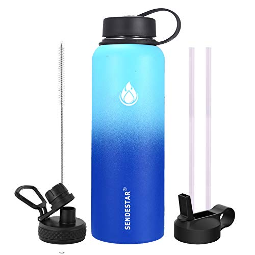 SENDESTAR 32 oz or 40 oz Double Wall Vacuum Insulated Leak Proof Stainless Steel Sports Water Bottle —Wide Mouth with Straw Lid & Flex Cap & Spout Lid (40 oz, Ocean)