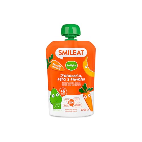 Smileat - Pouch de Frutas Ecológicas - Sin Sal ni Azúcar Añadido, Sin Gluten - Snack Práctico para Peques - Sabor a Zanahoria, Pera y Plátano
