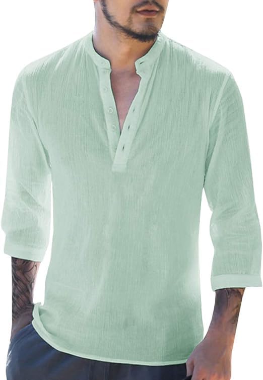 Runcati Herren Leinenhemd Herren Hemd 3/4 Ärmel Henley Shirt Regular Fit Freizeithemd Casual Sommerhemd Strand Leinen Shirts