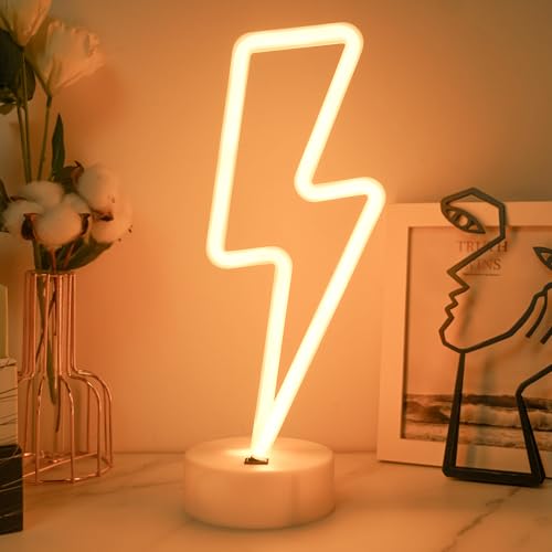 JEMESI Lampes néons en forme d'éclair, veilleuse de chambre, lumières LED en forme d'éclair - Alimentées par batterie/USB avec socle pour chambre, cadeaux...