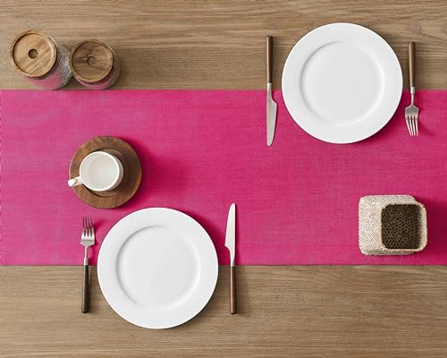Image of ZeeMart Linen Textured Border Table Runner, 14 x 90 Inch Hot Pink | Mitered Corner Design, Medium Weight Fabric, Modern Farmhouse Style, Machine Washable Easy Care Everyday Table Scarf