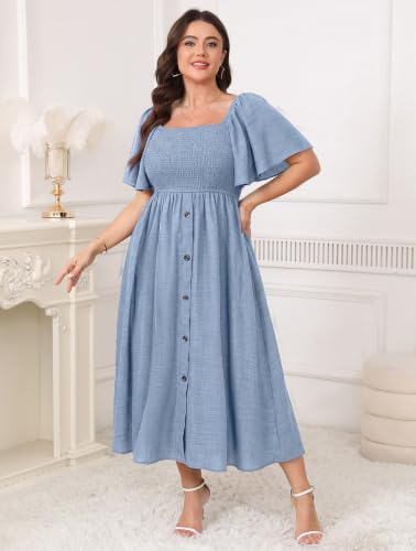 Image of Plus Size Casual Maxi Boho Dress for Curvy Women Short Sleeve Square Neck Smocked Summer Beach Dresses Button Down