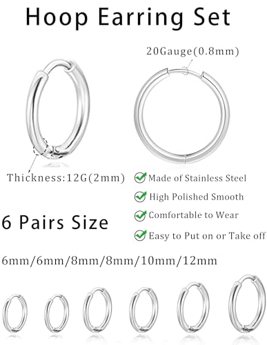 6 Pairs Stainless Steel Small Huggie Hoop Earrings Sets for Women Men Cartilage Helix Tragus Lobes Sleeper Hoop Earring Jewelry for Multiple Piercing 6mm 8mm 10mm 12 mm Silver Gold Tone2
