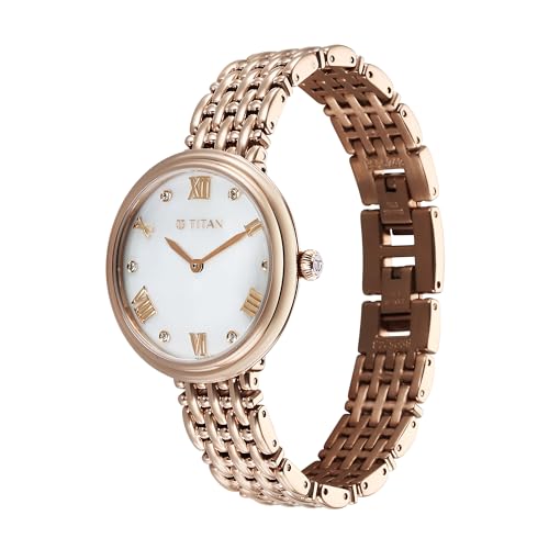 Image of Titan Aura Phase Quartz Analog Mother of Pearl Dial Rose Gold Stainless Steel Strap Watch for Women-95243WM01