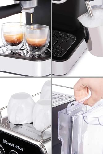Image of Russell Hobbs Distinctions Espresso Coffee Machine | 1350W 15 Bar Pump Pressure + Milk Frother Steam Wand, Latte & Cappuccino | Detachable Water Tank, ESE pods, Cup warmer, Black, SS| 26450