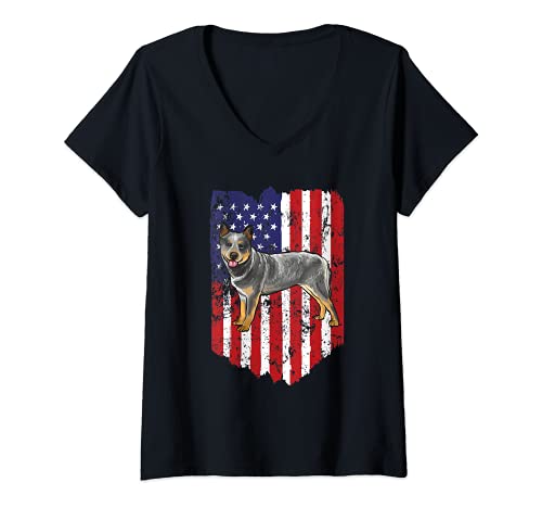 Womens American Flag Australian Cattle Dog 4th Of July USA V-Neck T-Shirt, Black