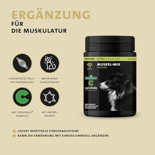 Peticare Muskulatur & Aktiv Pulver-Mix für Hunde | Ergänzungsfuttermittel mit Collagen & Aminosäuren | Unterstützung für Beweglichkeit & Vitalität | für aktive Hunde & Senioren | petDog Health 2503