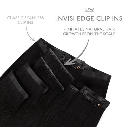 Image of WENNALIFE Invisi Edge & Classic Seamless Clip in Hair Extensions Real Human Hair, 12 Inch 80g 7pcs Jet Black Hair Extensions for Women Invisible Straight Injection Extensiones de Cabello Humano