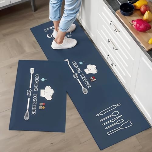 Image of KIMEE Cooking Doodle Design Kitchen Runner Rug Set of 2(120*40 cm and 60*40 cm), Water Absorbent KItchen Mat Set with Cooking Together Theme, Washable Floor Mats with Non-Slip Backing for Kitchen