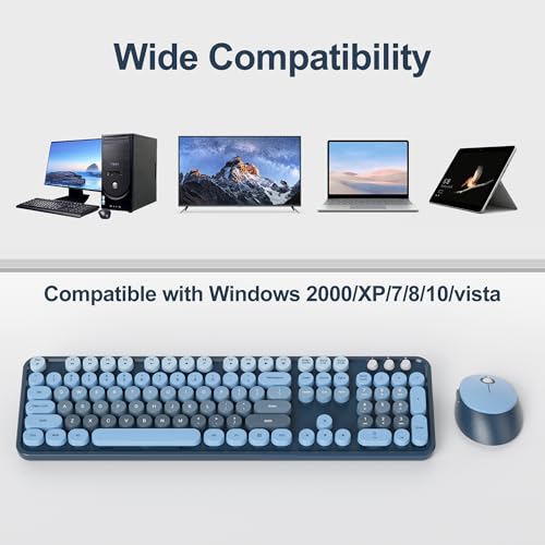 Image of Fogruaden Blue Keyboard and Mouse Wireless, Retro Typewriter Keyboard, 2.4GHz 104 Keys Full Size Cute Keyboard with Number Pad, Gradient Colorful Round Keycaps for Windows PC Desktops Laptop