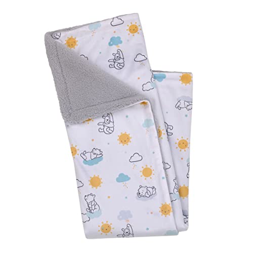 Image of Disney Winnie The Pooh White, Yellow, and Aqua Sunshine and Clouds Super Soft Sherpa Baby Blanket and Security Blanket 2-Piece Set
