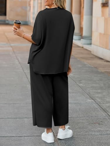 Image of Beautife Women's Plus Size 2 Piece Outfits 3 /4 Batwing Sleeve Capelet Crew Neck Pullover Top Wide Leg Pants Lounge Set