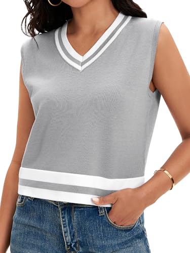 Image of Womens Cropped Sweater Vest V Neck Sleeveless Loose Fit Tank Tops Striped Knit Lightweight Pullover Fall Sweaters