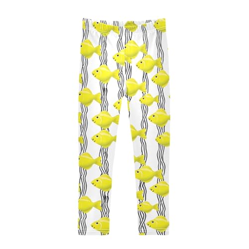 Yellow Fish Stripe Girls Leggings Ultra Soft Compression Yoga Gym Pants for Kids 4-10T