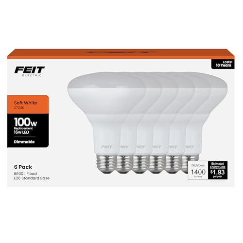 Image of Feit Electric BR30 LED Light Bulbs, 100W Equivalent, Dimmable, E26 Standard Base, 80 CRI, 1400 Lumens, 2700K Soft White, 120V, 10 Years Lifetime, Damp Rated, 6 Pack, 100BR30DM82710KLED /6