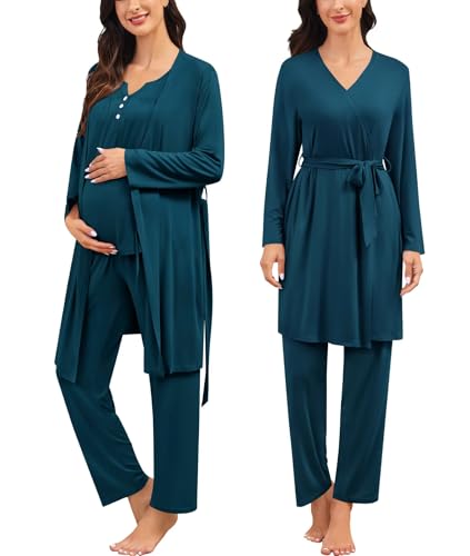 Image of SWOMOG Maternity Nursing Pajamas Set 3 Piece Breastfeeding 3 in 1 Labor Delivery Sleevless Tops Long Pants Pregnancy Pjs