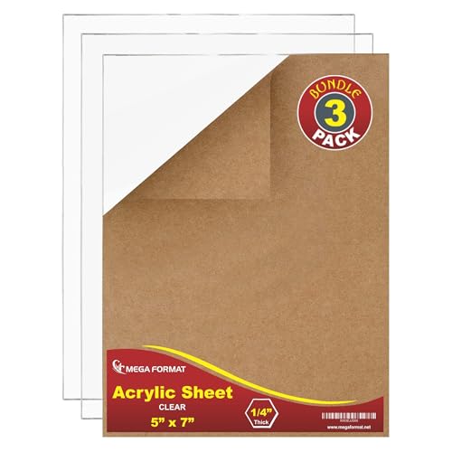Image of Mega Format Clear Acrylic Sheet - Durable Thick Plexiglass Sheeting for Artwork, Covers, Window Panes, & Laser Etching Designs - 5 inch x 7 inch 1 /4 (6mm) - 3pk