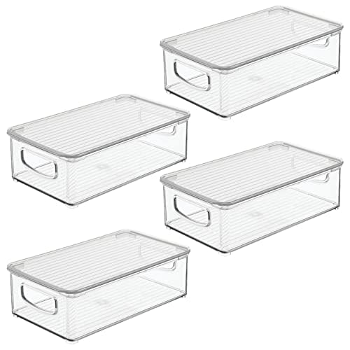 mDesign Plastic Storage Bin Box Container with Lid and Built-in Handles - Organization for Pens, Pencils, or Work Supplies in Home Office, Cabinet, or Desk Top, Ligne Collection - 4 Pack - Clear