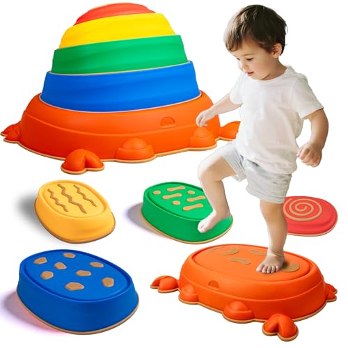 Crubel Crab Stepping Stones Kids Sensory - 5 Stackable Textured Balance Stones for Toddlers 36M+ Garden Toys For Todders Age 3-5 Non-Slip Indoor & Outdoor Toys Autism Sensory Play