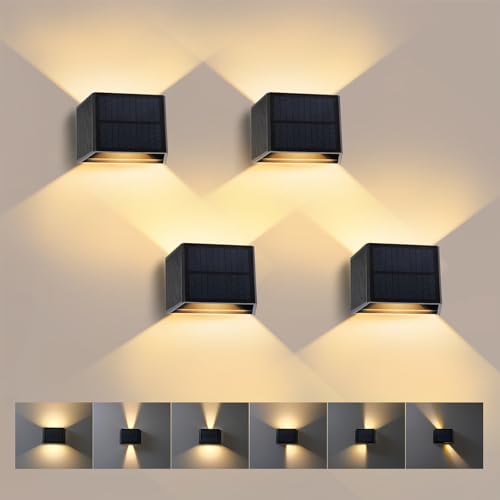 T-SUN 4 Stücke LED Wandleuchten für Außen, 3000K Warmweiß Solar Wandlampe mit Auf und ab Einstellbarer Lichtstrahl, 240° Abstrahlwinkel, LED...