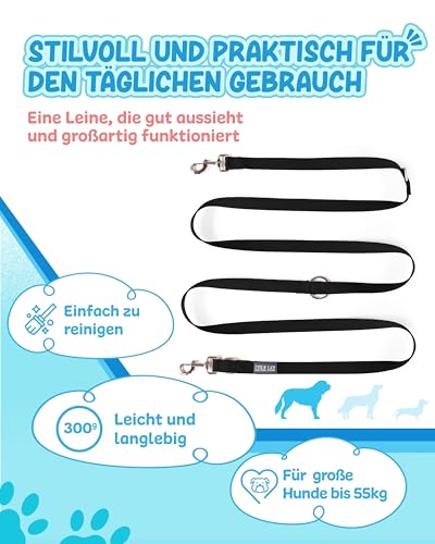 KURI PAI® Komfortable Hundeleine 3m | Verstellbare Hundeleine große Hunde | Bambusviskose | Strapazierfähig und weich | Perfekt für alltägliche Spaziergänge | L (2.5cm Breit) - Schwarz