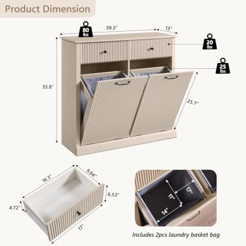 Image of IFBUY Double Tilt Out Laundry Hamper Cabinet, Modern Trash Cabinet, Cream