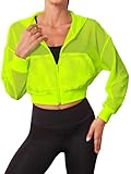 SweatyRocks Women's Activewear Hollow Out Mesh Full Zip Hoodie Jacket Crop Top with Pockets Bright Yellow Small