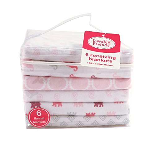 Image of Luvable Friends Unisex Baby Cotton Flannel Receiving Blankets, Elephants 6-Pack, One Size